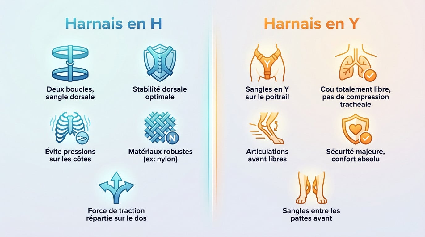 Schéma comparatif de la structure d'un harnais en H et d'un harnais en Y pour chien