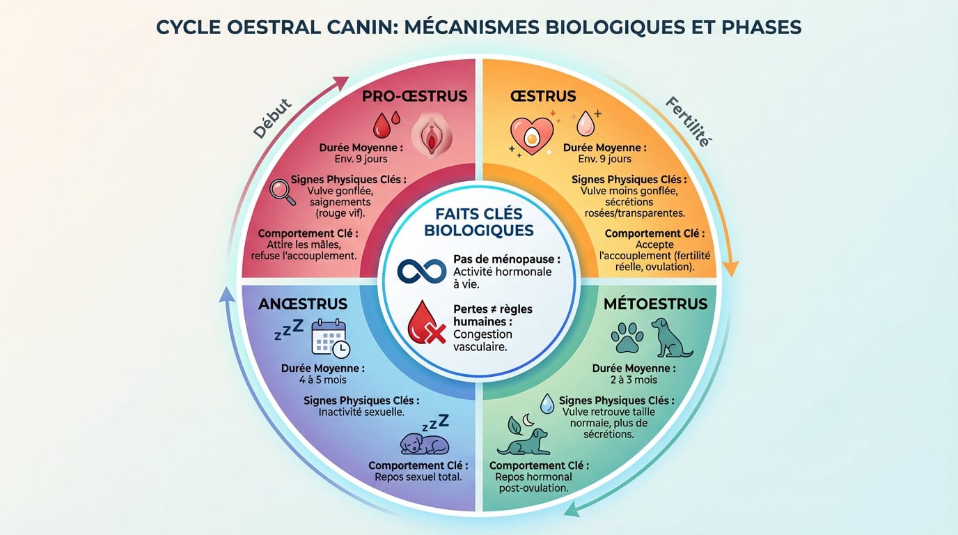 Schéma explicatif des phases du cycle oestral et chaleurs de la chienne