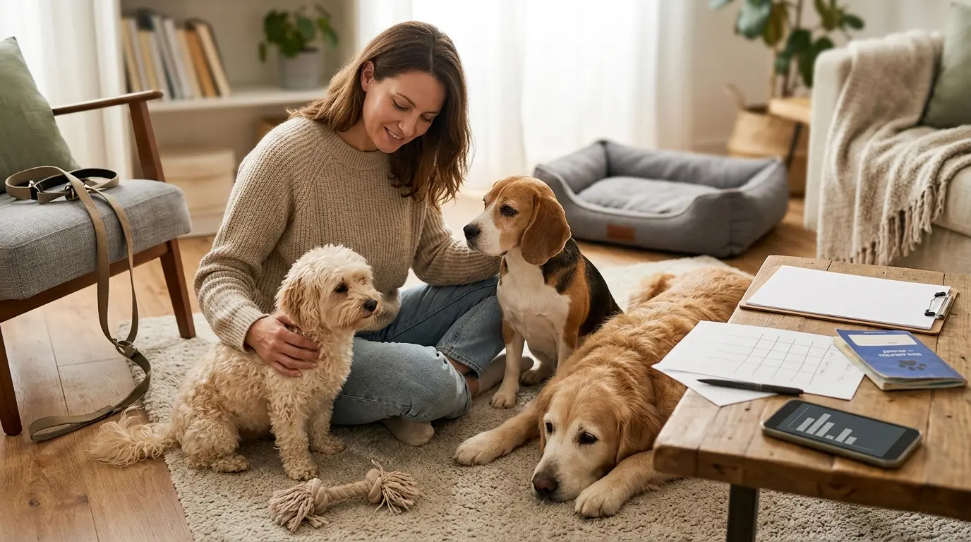 Couverture d'article illustrant un age des chiens tableau avec un propriétaire et trois chiens de tailles différentes dans un cadre chaleureux.