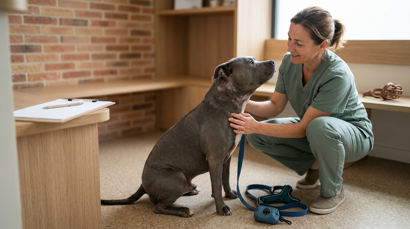 American staff bleu assis calmement à côté d'un vétérinaire dans une clinique moderne, ambiance chaleureuse et bienveillante.