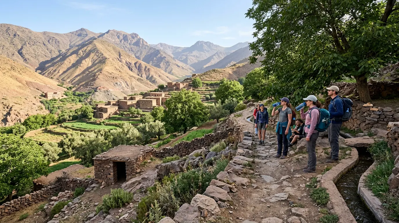 Couverture d'article sur le sentier menant au village Aoutat, avec randonneurs, paysages montagneux et ambiance sereine.