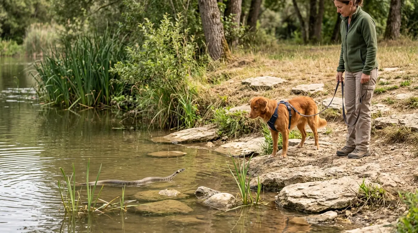 Calme scène de rivière avec un aspic serpent eau nageant près de la berge, un chien curieux et un randonneur attentif.