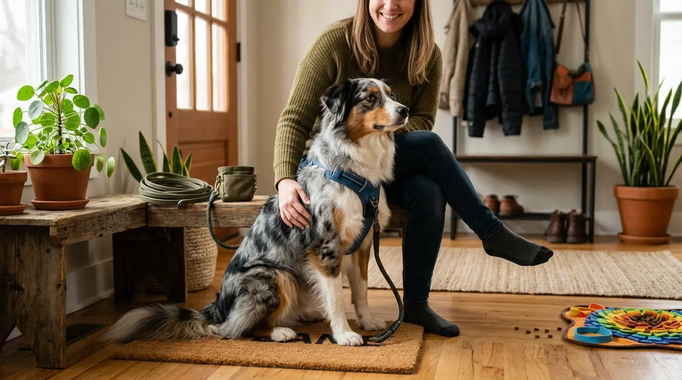 Berger américain miniature adulte assis calmement à côté de son propriétaire dans une entrée chaleureuse et accueillante.