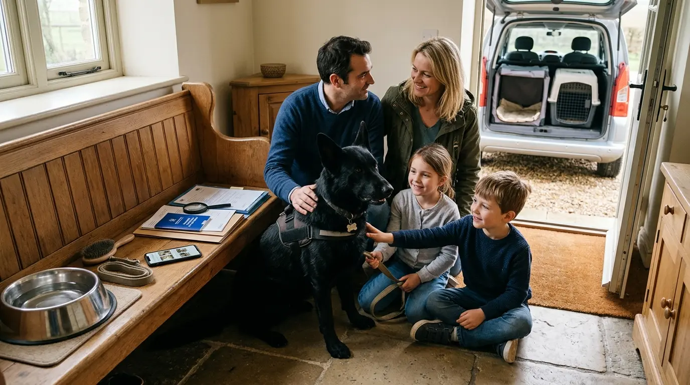 Berger suisse noir assis à côté d'une famille française, préparant l'adoption dans une entrée chaleureuse et accueillante.