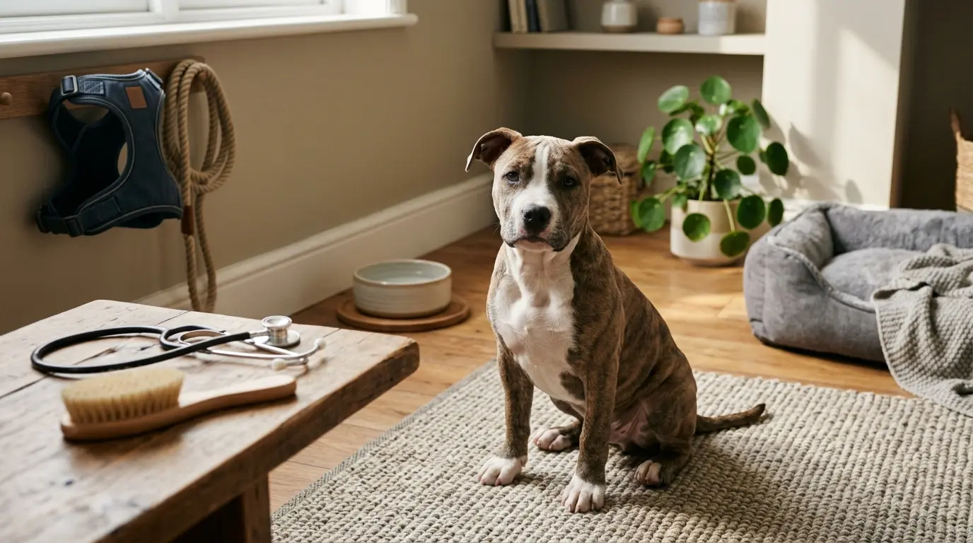Bulldog terrier mini assis calmement dans un intérieur chaleureux, entouré d'éléments de bien-être animal.