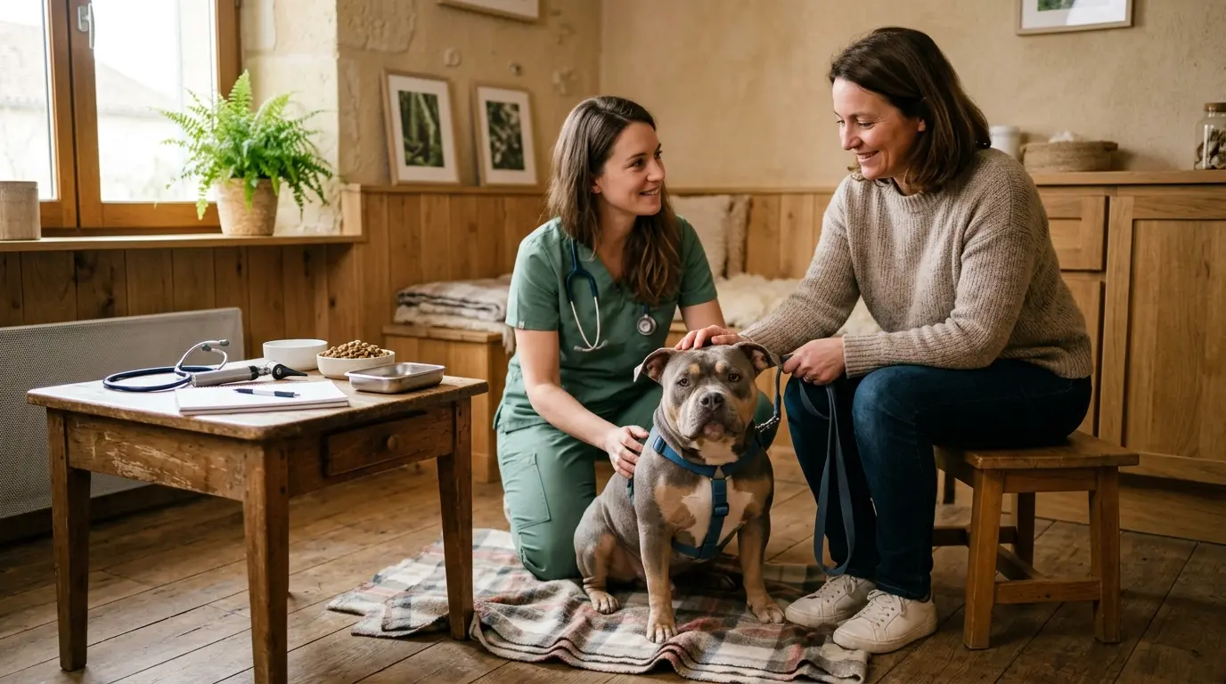 Bully pocket calme et amical dans une clinique vétérinaire chaleureuse, avec un vétérinaire et son propriétaire attentif.