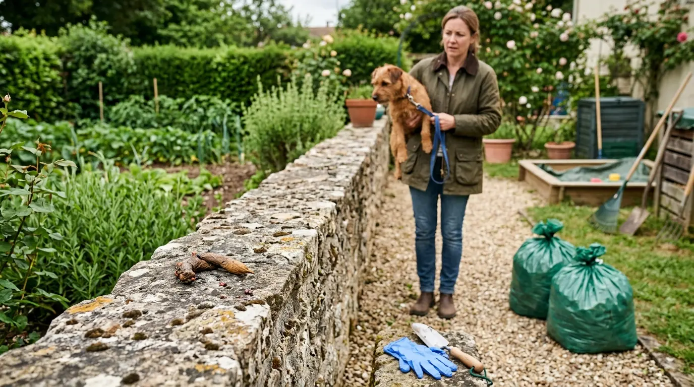 Caca de renard sur un mur de jardin, avec un chien curieux et des accessoires de jardin à proximité, ambiance calme et informative.