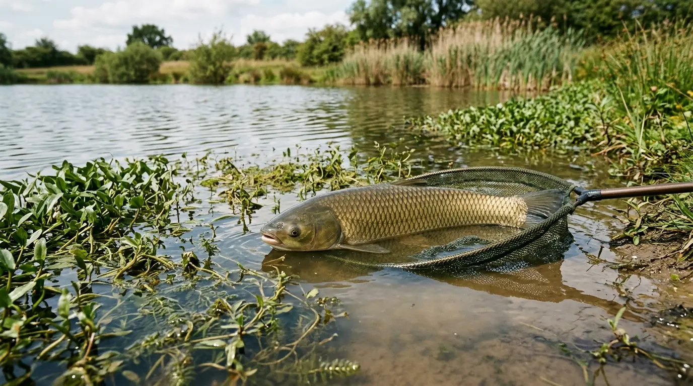Carpe amour partiellement levée dans un filet au bord d'un étang, entourée de végétation aquatique et d'une ambiance naturelle.