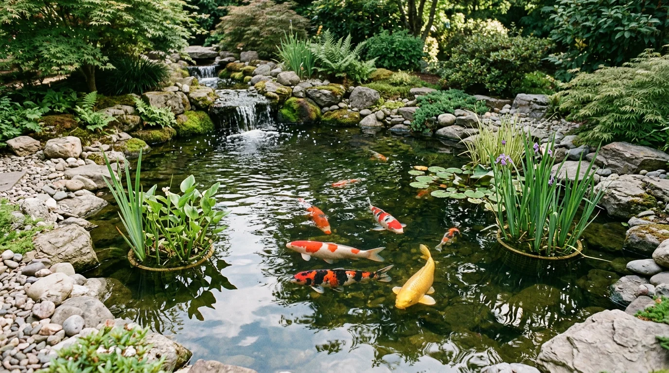 Serre paisible avec des carpes koi nageant dans un étang clair, entourées de pierres naturelles et de plantes aquatiques.