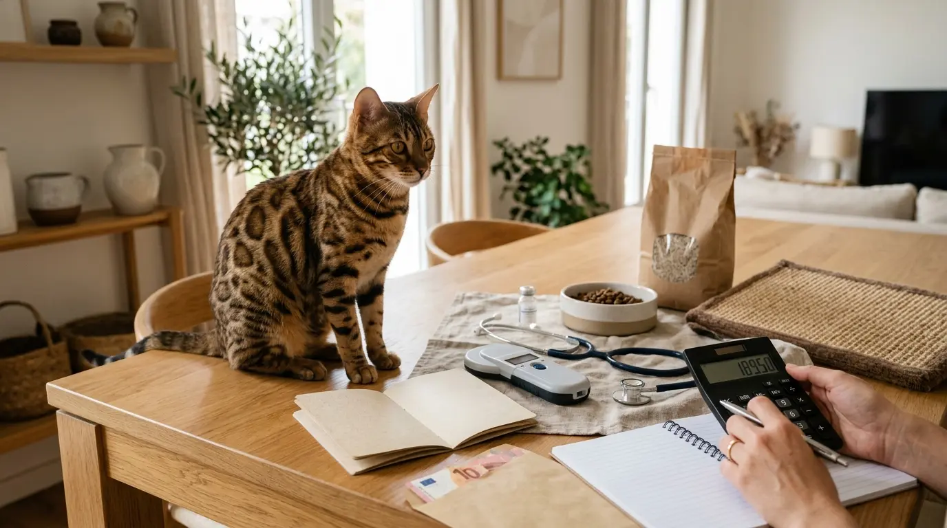 Bengal au pelage rosetté sur une table, entouré d'objets de coût pour le chat bengal prix, ambiance chaleureuse et moderne.