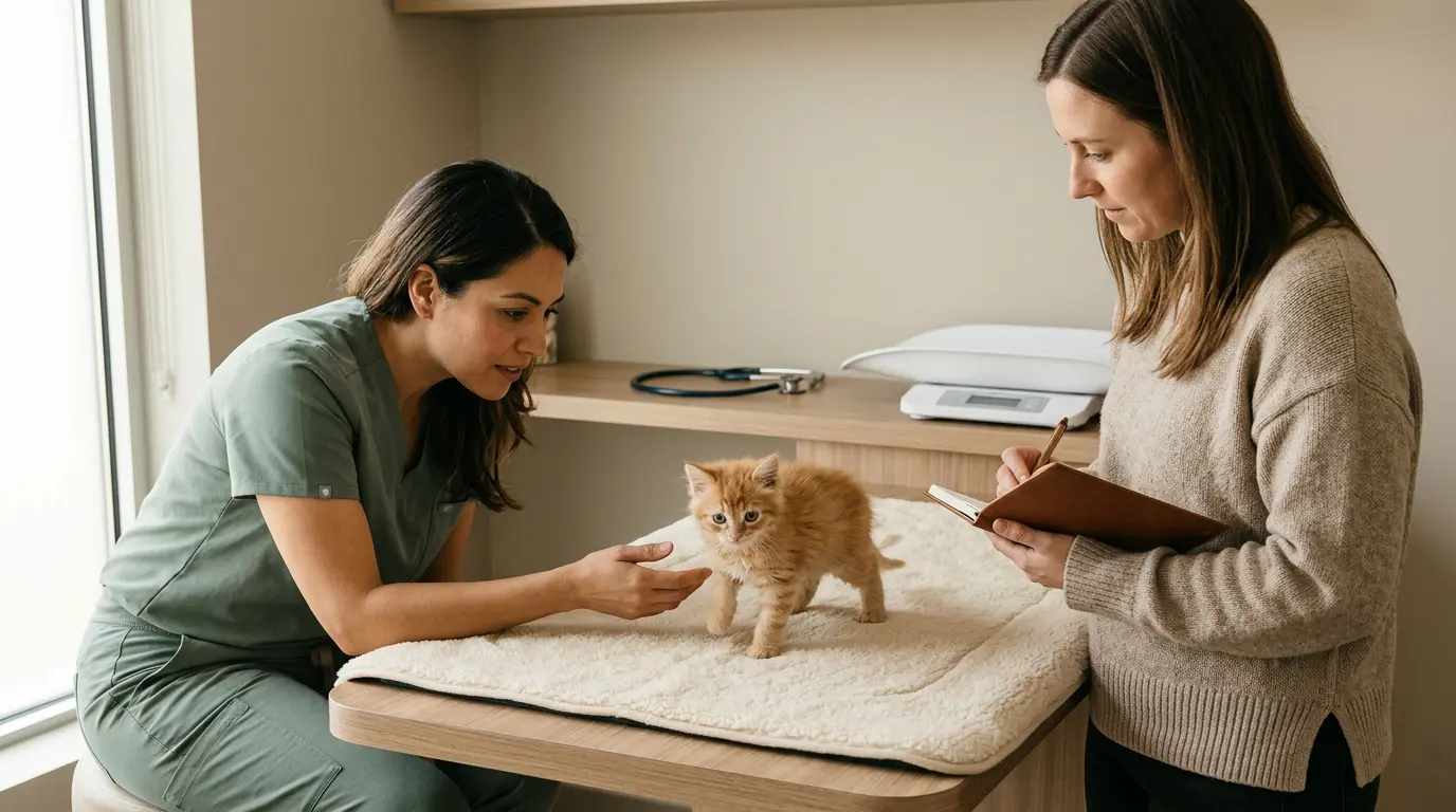 Vétérinaire observant un chat trisomique dans une clinique, ambiance chaleureuse et attentionnée, lumière naturelle.