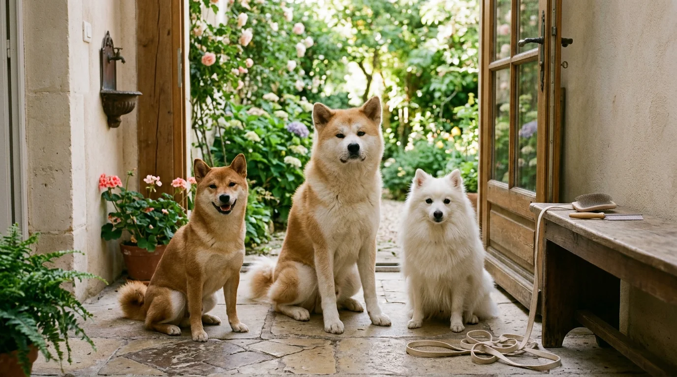 Trois chiens japonais, Shiba Inu, Akita Inu et Spitz japonais, posent dans une entrée chaleureuse avec un jardin.