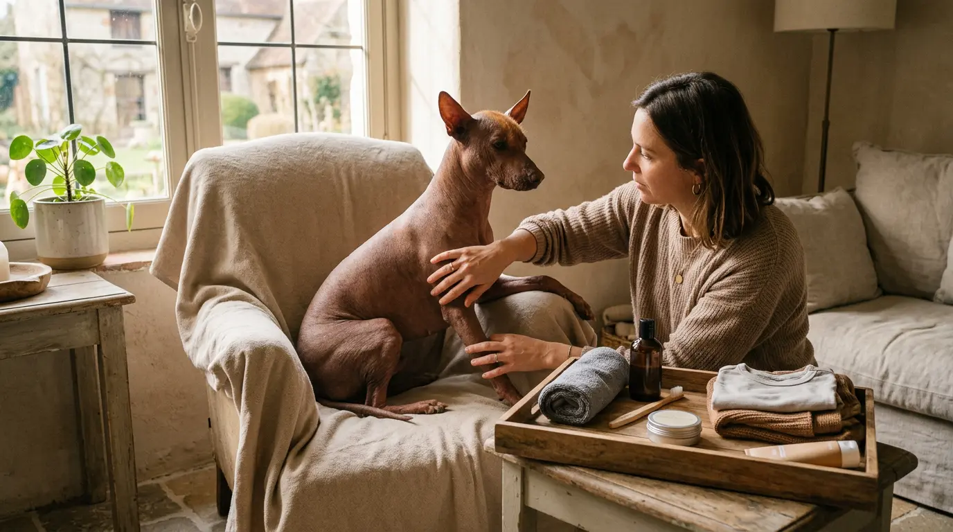 Chien sans poil calme sur une couverture, inspecté par un adulte dans un intérieur chaleureux et soigné.