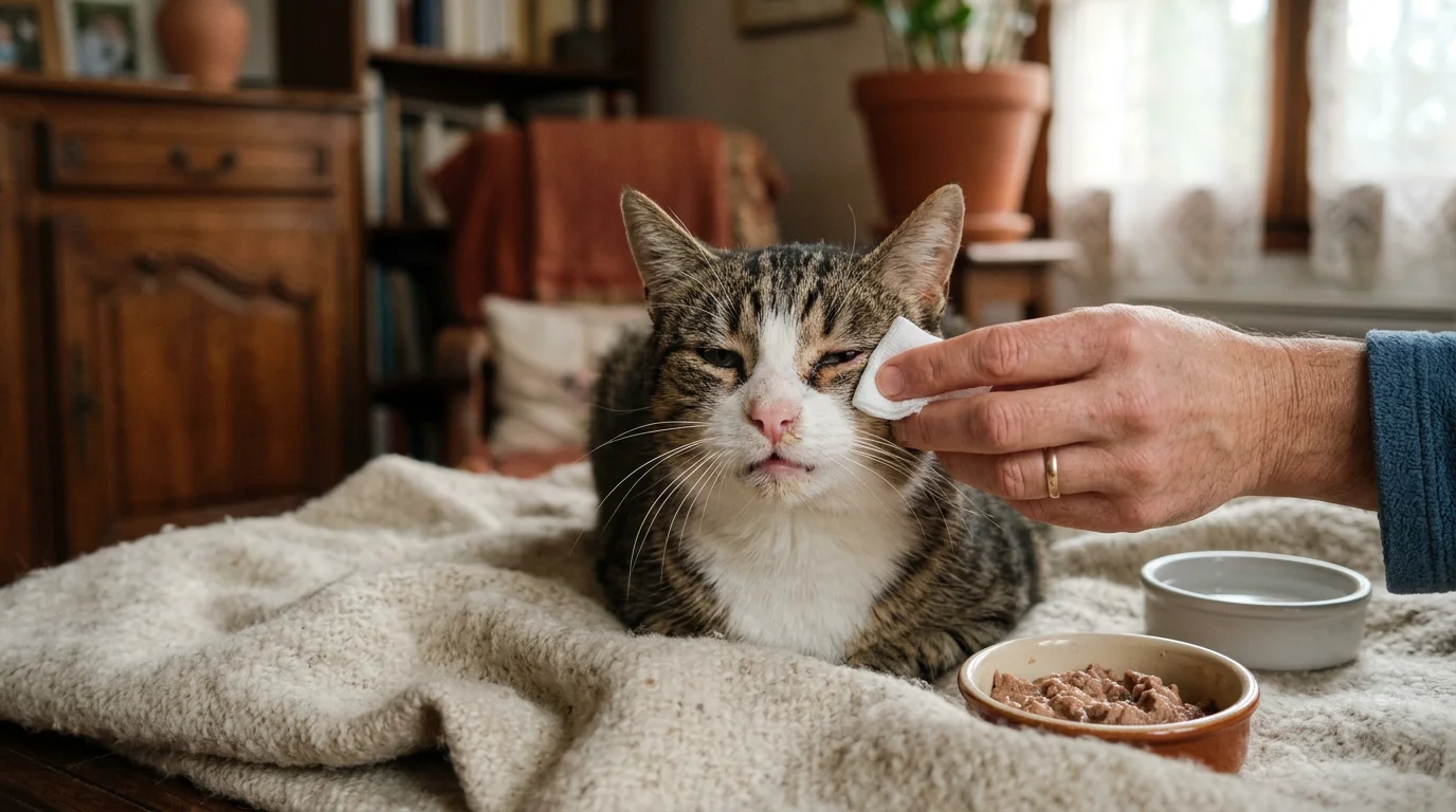 Coryza chat : un chat malade éternue doucement, avec un regard fatigué, recevant des soins dans un intérieur chaleureux.