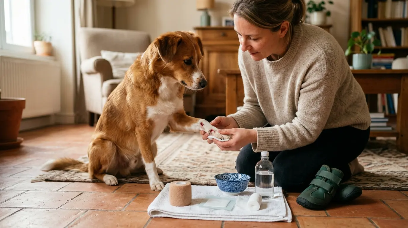 Caring owner nettoie les coussinets chien ouverts d'un chien calme avec un bandage et des fournitures de premiers secours.