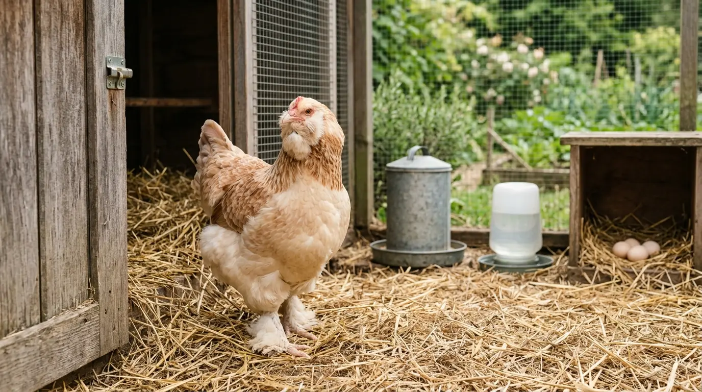 Faverolles francaise calme et fluffy sur paille, devant un poulailler, avec des œufs et un jardin en arrière-plan.