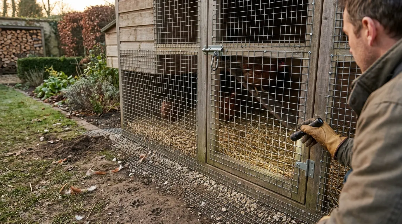 Scène réaliste d'un poulailler sécurisé au petit matin, inspecté après une visite de fouine poule, avec signes d'intrusion.