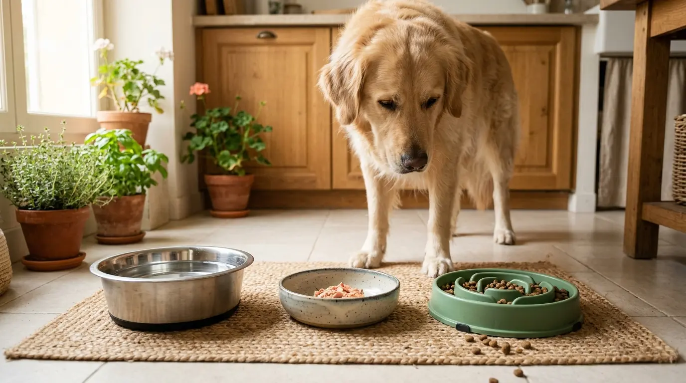 Calme chien moyen dans une cuisine française, trois gamelles chien sur un tapis naturel : inox, céramique et anti-glouton.