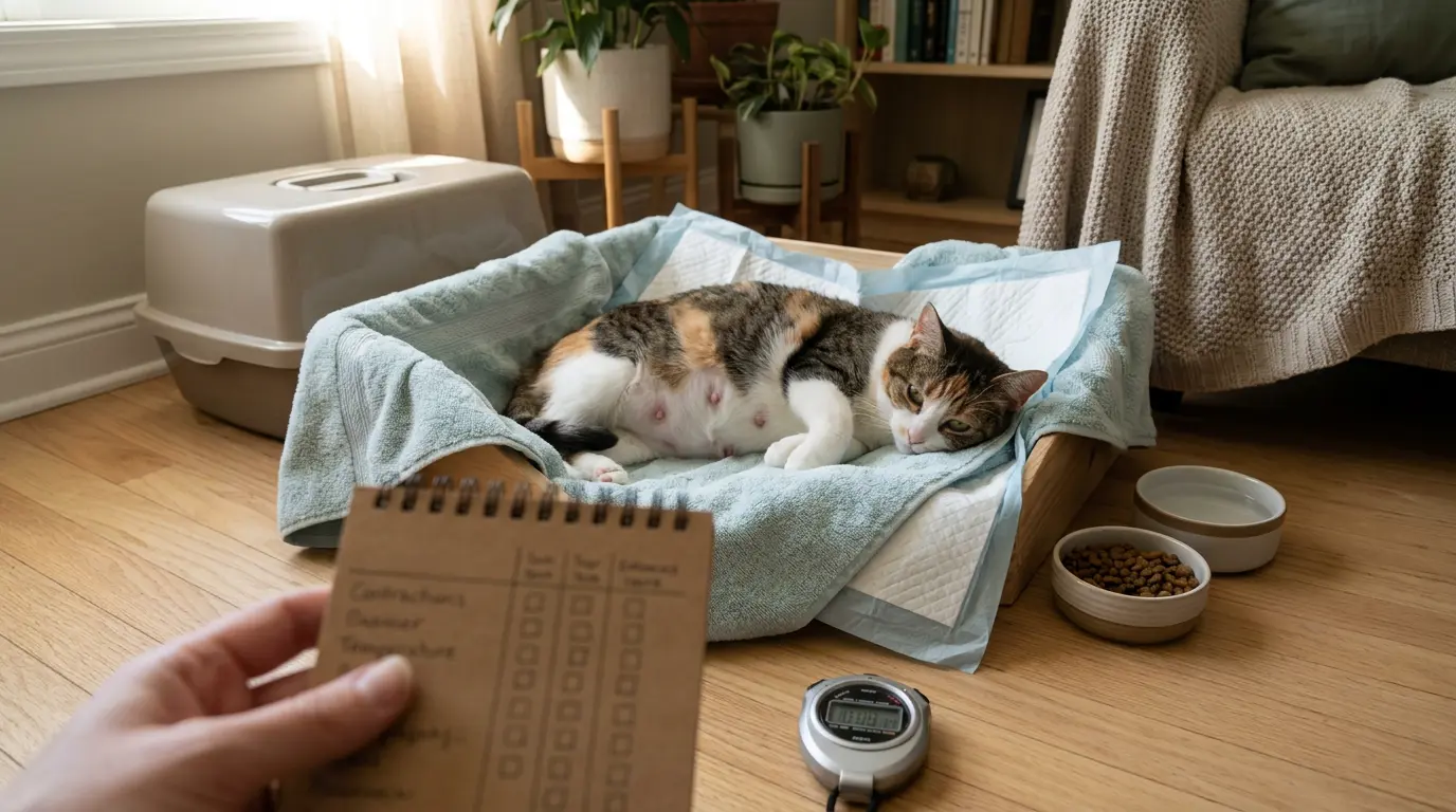 Chat enceinte se reposant dans un nid douillet, avec un carnet d'observation pour surveiller la gestation chat.