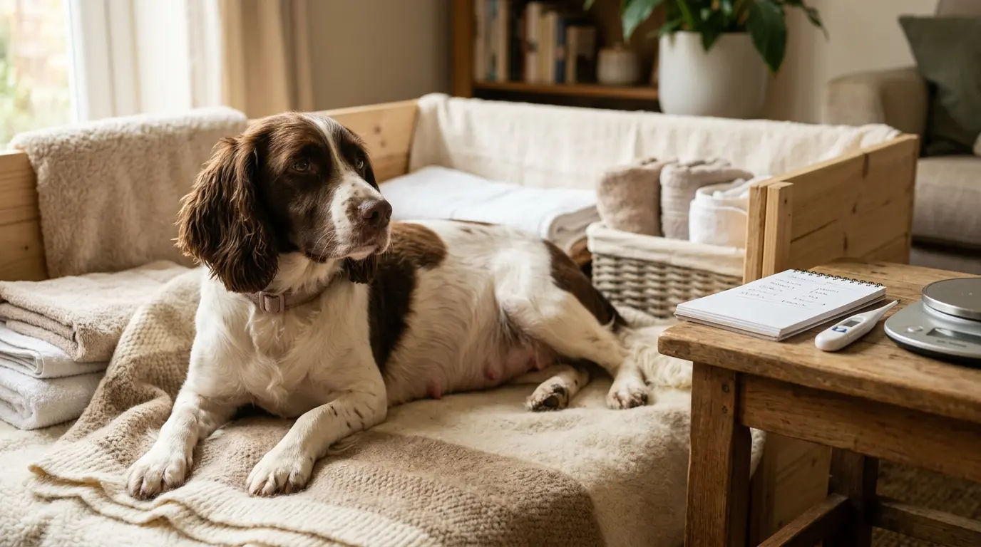 Chienne enceinte reposant sur une couverture, préparations pour la gestation chien avec éléments vétérinaires discrets.