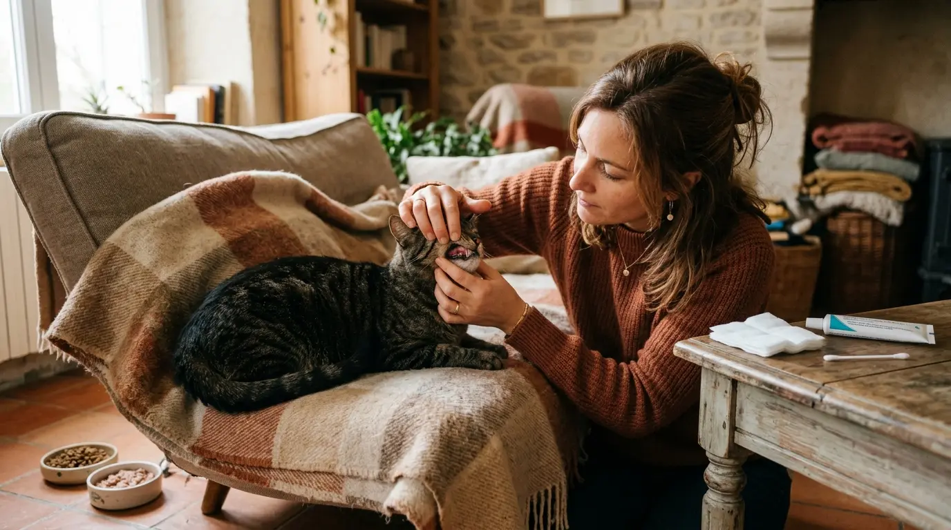 Chat calme sur un canapé, propriétaire vérifiant les gencives pour gingivite chat traitement naturel, ambiance chaleureuse.