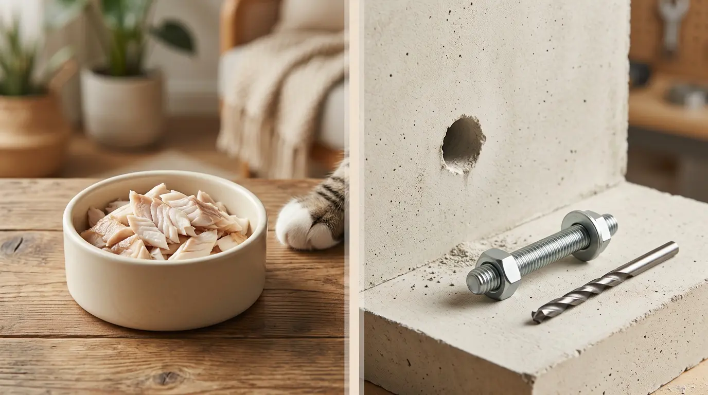 Goujon : un poisson préparé en friandise pour animaux et un ancrage mural en béton, ambiance chaleureuse et minimaliste.