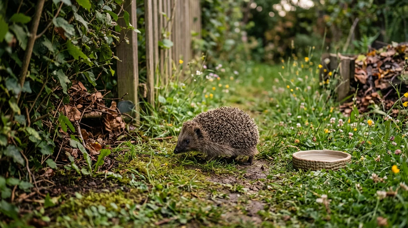 Hérisson explorant un jardin français au crépuscule, cheminant sur un corridor sauvage, ambiance paisible et naturelle.