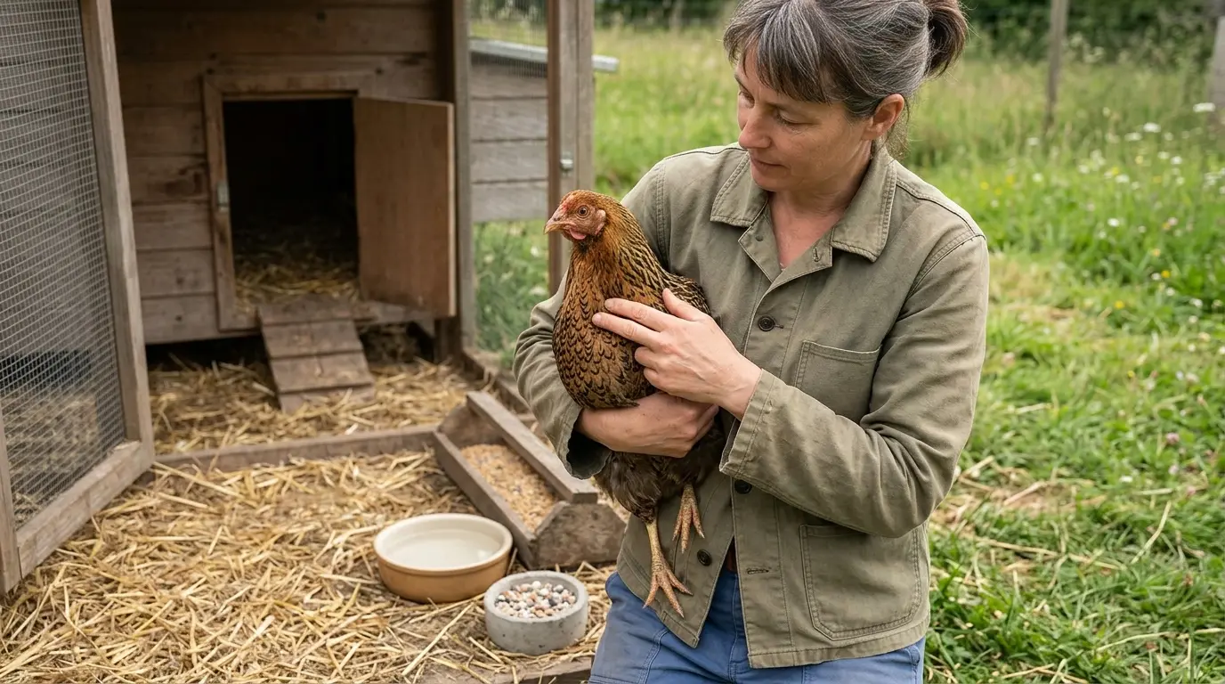 Un adulte tient une poule brune contre lui, palpant doucement son jabot poule dans un cadre de poulailler paisible.