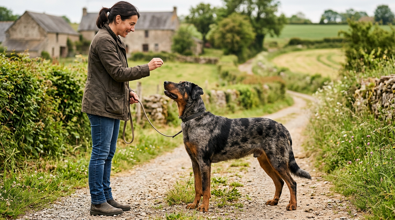 Le beauceron arlequin, calme et attentif, reçoit une friandise dans un paisible décor de campagne française.