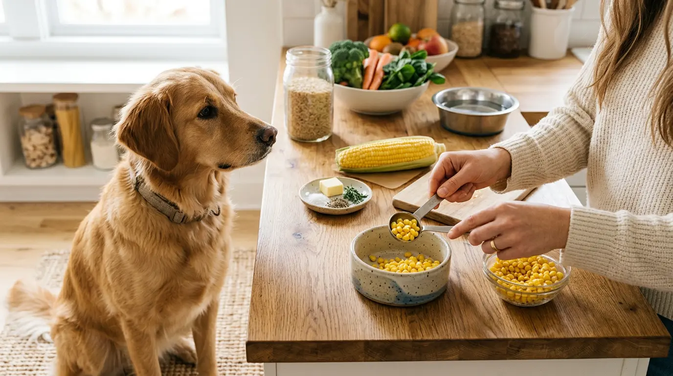 Calme chien de famille attentif dans une cuisine lumineuse, avec un bol de maïs chiens cuits, contrastant avec un épi intact.