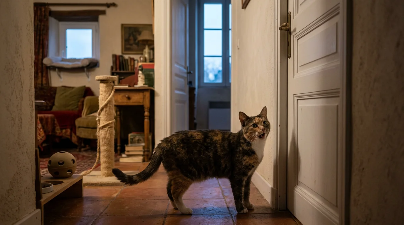 Chat dans un couloir, bouche légèrement ouverte en miaulement de chat, ambiance calme et chaleureuse d'un intérieur français.
