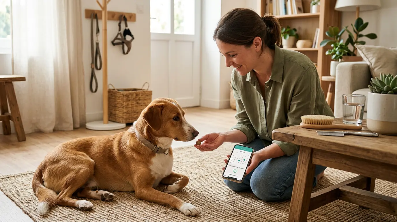 Calme chien moyen sur un tapis, son propriétaire lui donne un Nexgard chien, soulignant la prévention des parasites.