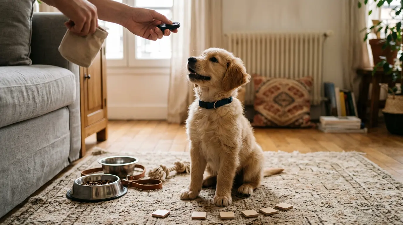 Jeune chiot attentif sur un tapis, en entraînement pour un nom de chien en a, avec des accessoires de dressage.