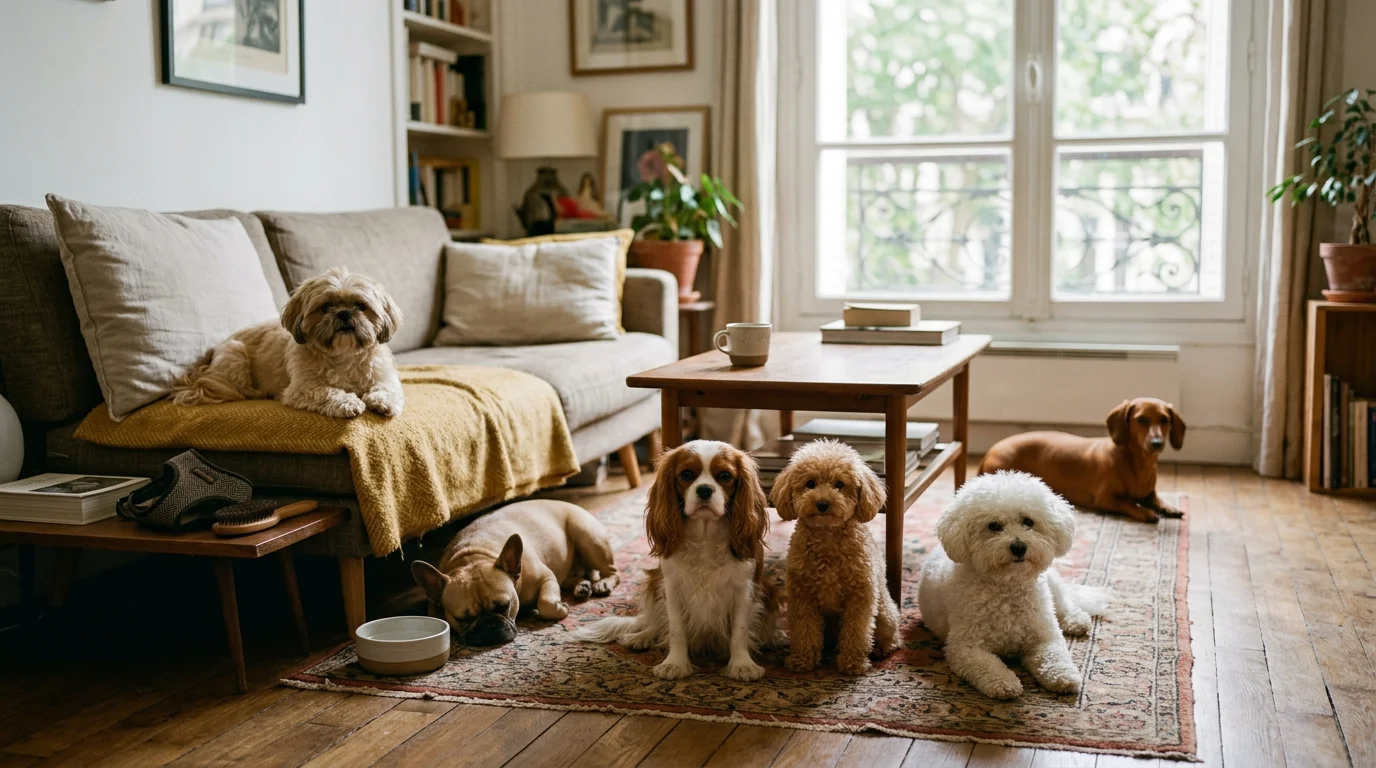 Petit chien détendu dans un salon français, entouré de compagnons canins sur un tapis doux, ambiance chaleureuse et conviviale.