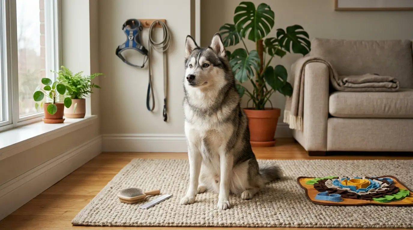 Pomsky adulte assis sur un tapis, observant dehors, avec des outils de toilettage et un enrichissement à proximité.
