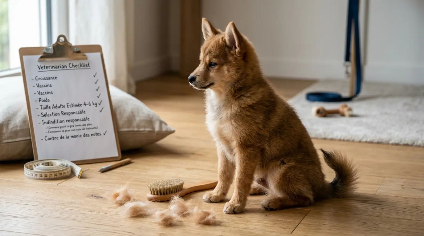 Pomsky renard assis sur un sol de salon, pelage roux, oreilles pointues, brosse et sous-poil à proximité, ambiance chaleureuse.