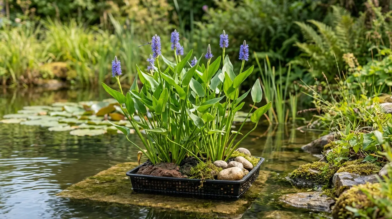 Clumpes de pontederia cordata avec fleurs bleu-violet au bord d'un étang paisible, entouré de verdure.
