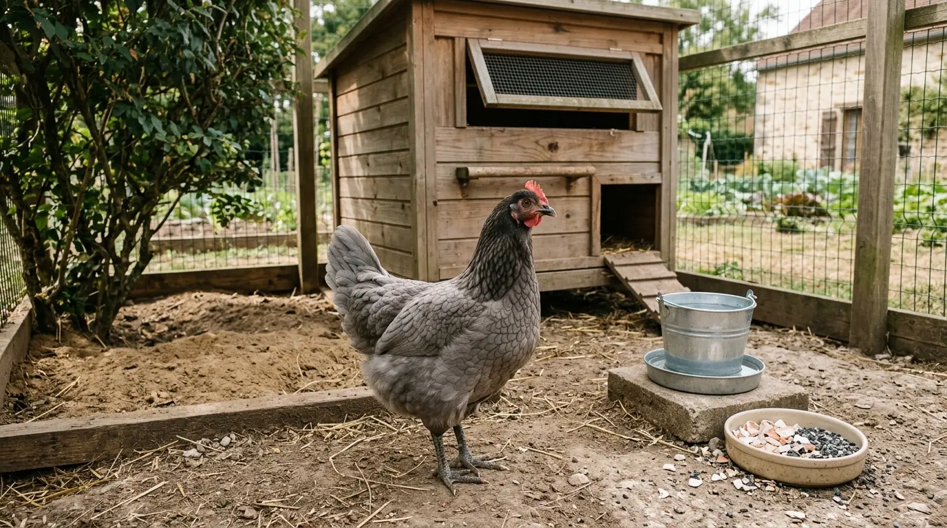 Poule azur en arrière-plan d'un poulailler en bois, entourée d'un environnement sain et bien entretenu.