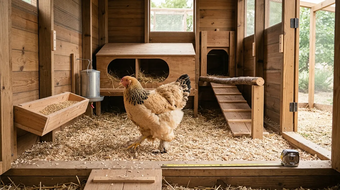 Poule Brahma taille géante se promenant dans un poulailler spacieux et confortable avec perchoir et nichoir.