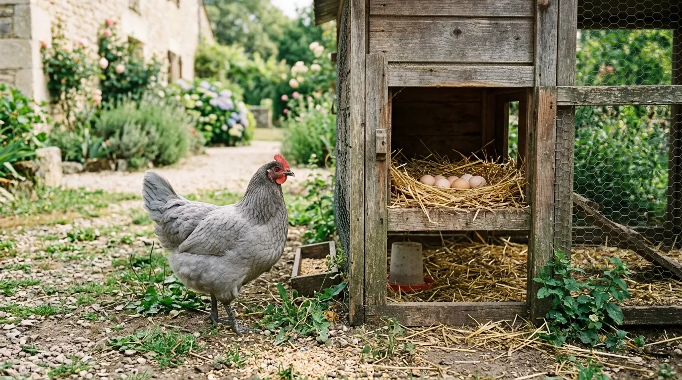 Poule grise cendrée près d'un poulailler rustique, avec des œufs dans la paille et une ambiance chaleureuse.