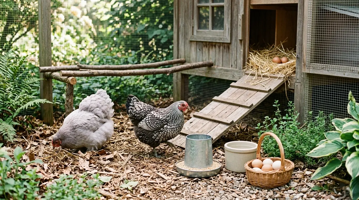 Deux poules naines explorent un enclos bien aménagé avec perchoir, nid douillet et œufs variés.