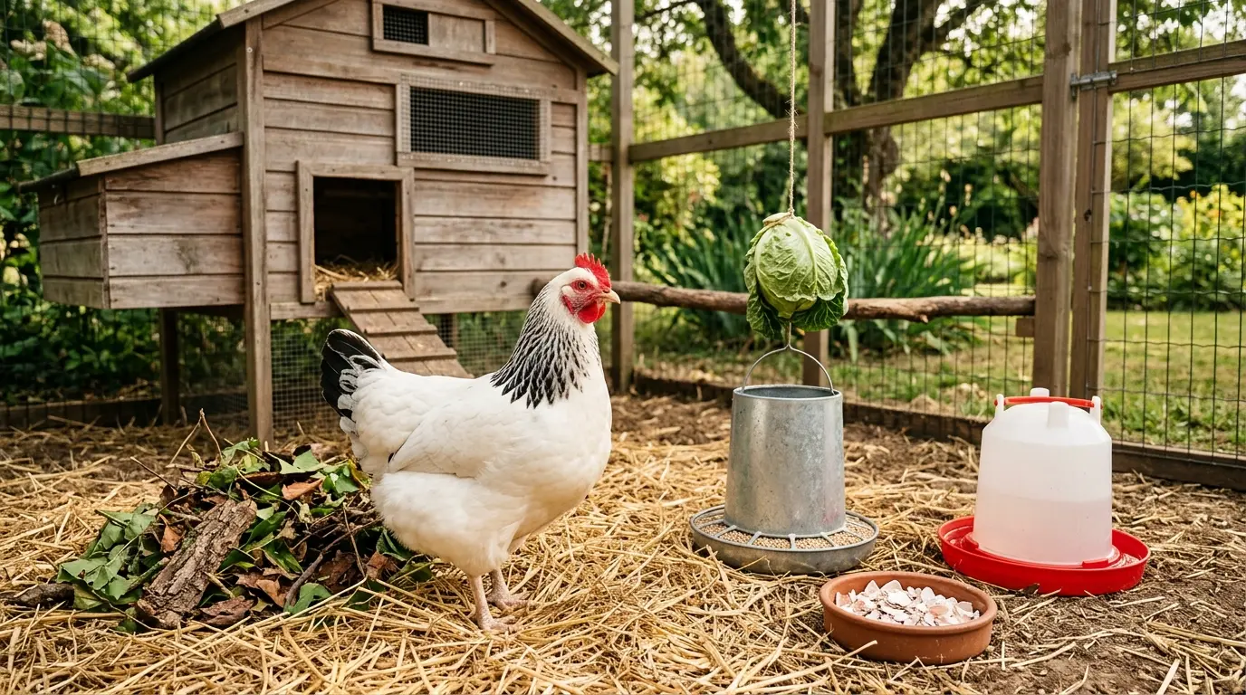 Poule Sussex dans un enclos familial soigné, avec nourriture, eau et enrichissements naturels.