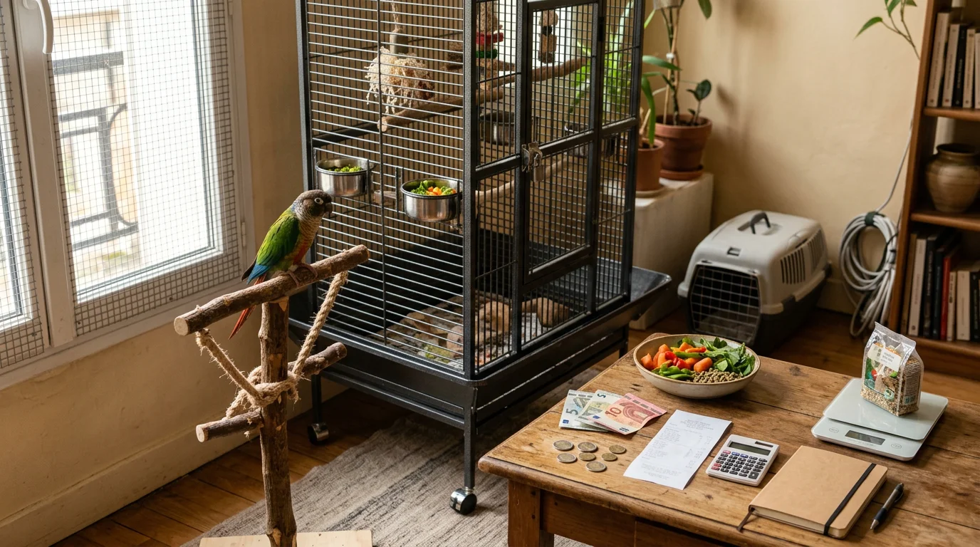 Parrot coloré sur un support en bois, cage sécurisée et éléments de budget pour le prix des perroquets dans un intérieur chaleureux.