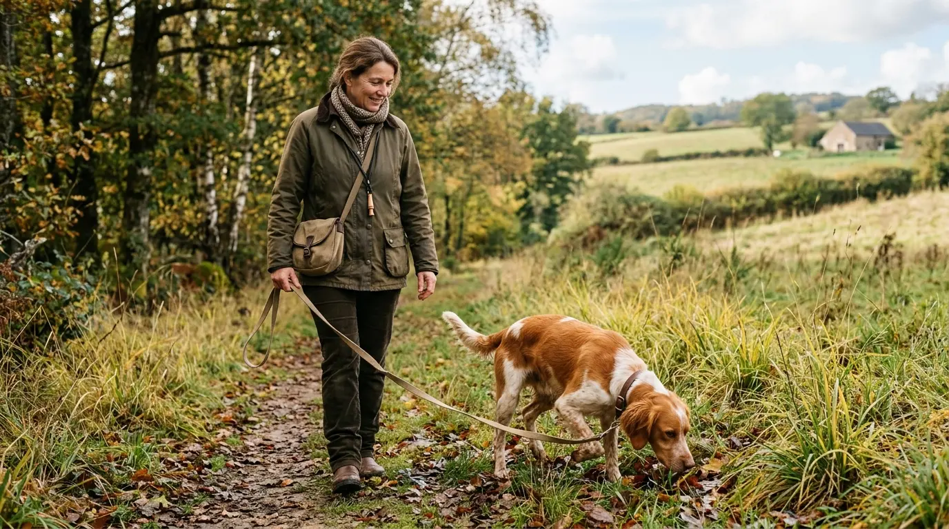 Calme chien de chasse aux côtés de son propriétaire dans la campagne française, en quête de pistes dans la nature.