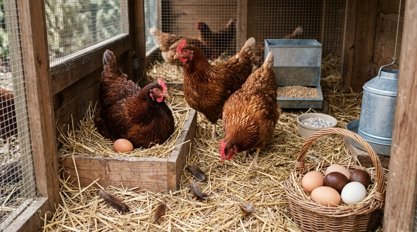 Trois races de poule pondeuse dans un poulailler cosy, avec un œuf frais dans la paille et un panier d'œufs variés.