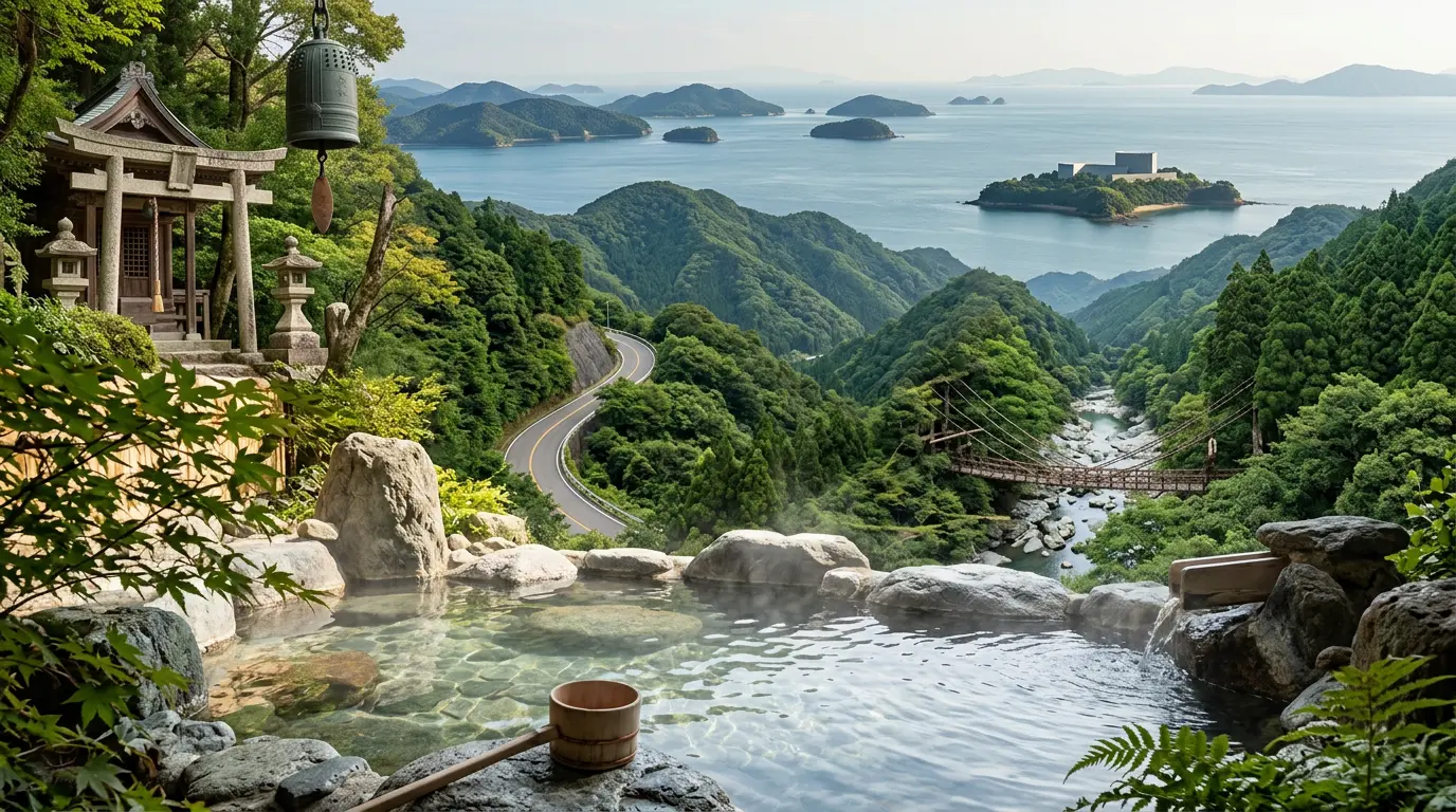 Couverture d'article sur Shikoku : sources chaudes, route montagneuse, mer intérieure et temple en harmonie naturelle.