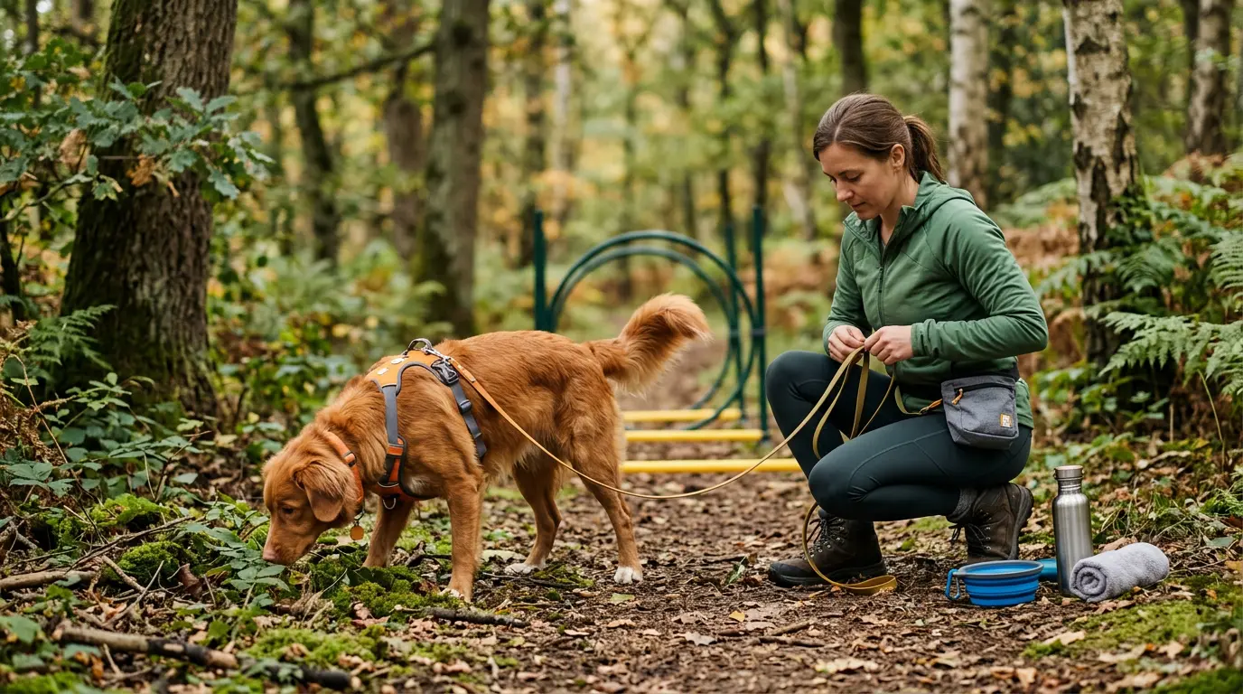 Calme chien attentif en harnais sur un chemin forestier, son maître prépare des accessoires pour le sport canin.