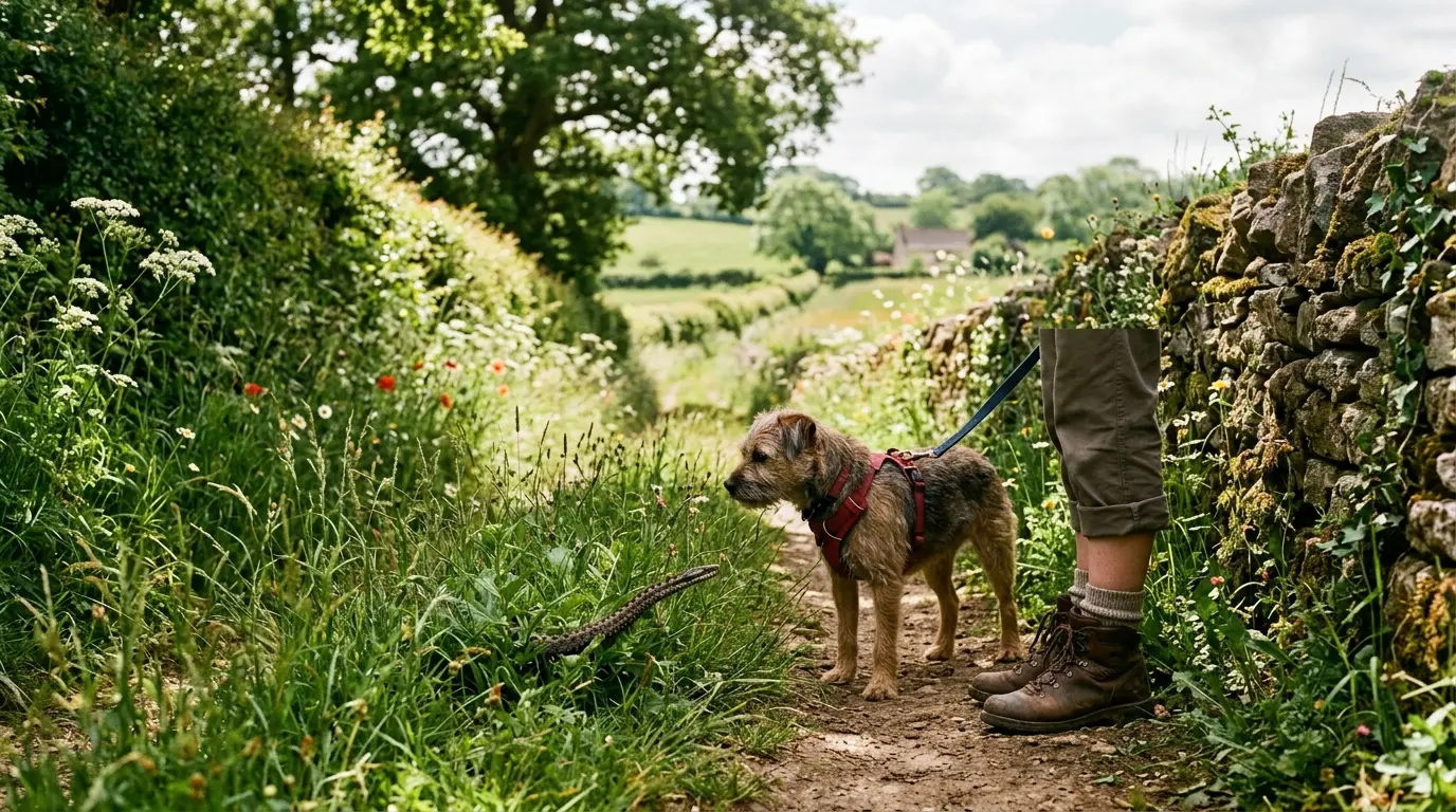 Type de serpent glissant dans l'herbe, chemin rural français, hiker et chien en retrait, ambiance estivale paisible.