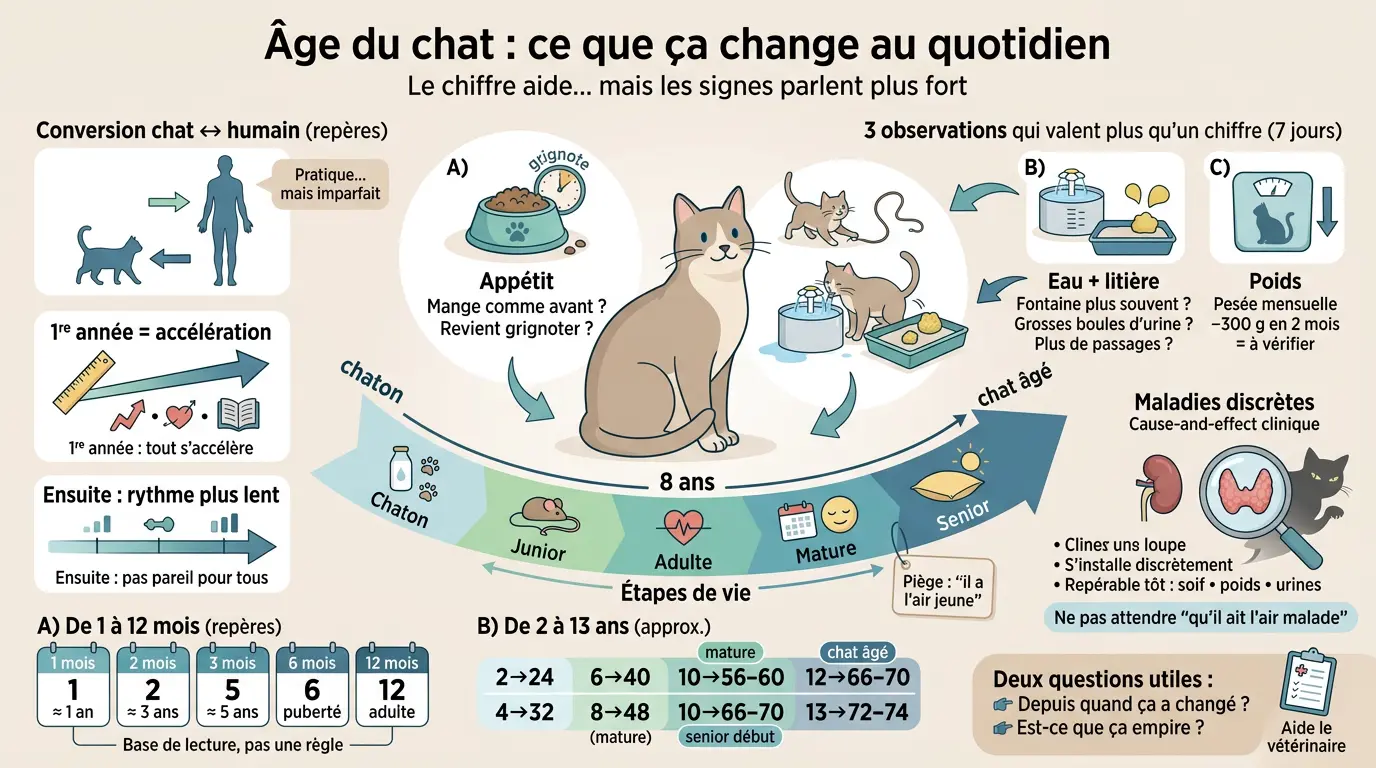 Infographie éducative sur l'âge chat, montrant les étapes de vie et signes de santé à différents âges, avec illustrations et légendes.