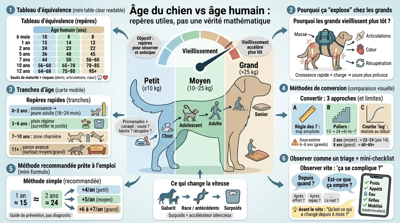 Infographie éducative sur l'âge des chiens tableau, montrant l'équivalence entre âge canin et âge humain, avec illustrations et repères visuels.